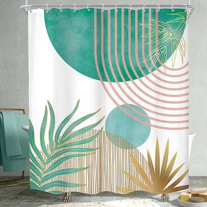 Mid Century Green Pink Boho Abstract Modern Bathroom Shower Curtain Set | 60Wx72L Plant design, waterproof HD print with fast-drying fabric and 12 hooks.