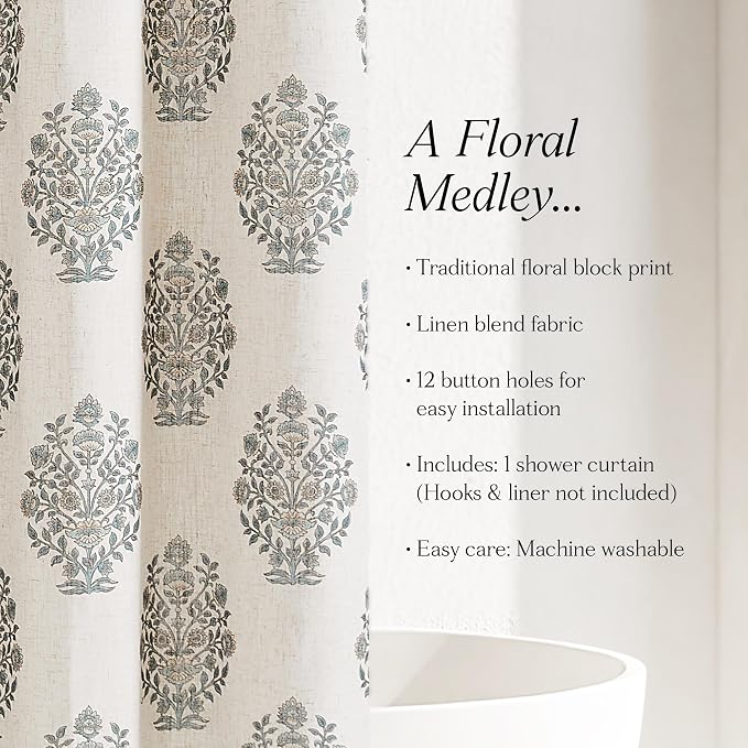 Lush Decor Sofia Flower Block Bouquet Shower Curtain Single 72" W X 72" L Teal - Bath Curtain - Block Print - Floral Shower Curtain - Vintage Boho Decor