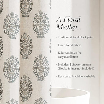 Lush Decor Sofia Flower Block Bouquet Shower Curtain Single 72" W X 72" L Teal - Bath Curtain - Block Print - Floral Shower Curtain - Vintage Boho Decor