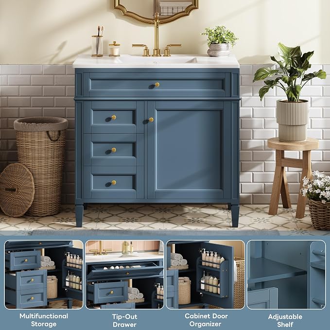 Merax 36 Inch Bathroom Vanity with Top Sink, Modern Bathroom Storage Cabinet with 2 Drawers and a Tip-Out Drawer, Solid Wood Frame Single Sink Bath Vanities, Indigo Blue