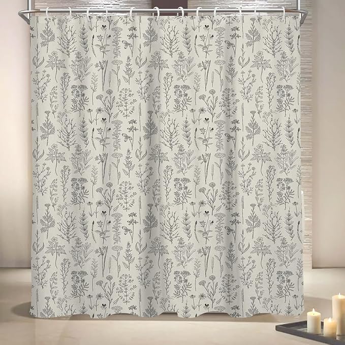 Coxila Vintage Floral Shower Curtain Extra Long Beige Flower Rustic Farmhouse Retro Spring Nature Botanical Cream Country Boho Wildflower Ivory Bathroom 72 x 84 Inch Polyester Fabric 12 Pack Hooks
