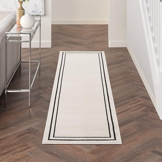 Nourison Home Nourison Essentials Ivory/Black 2' x 6' Area Rug - Easy Clean, Non Shedding, Bed Room, Living Room, Dining Room, Kitchen (6' Runner)