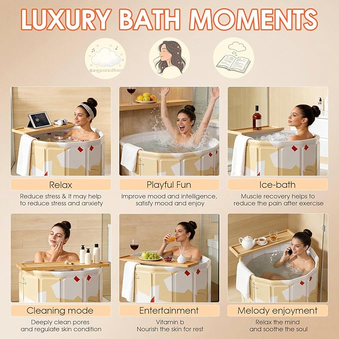 Portable Bath Tub for Adult, Foldable Soaking Bathtub for Hot SPA&Ice Bath, Foldable Small Bathtub Collapsible Tub for Bathing, 6-layer Insulated portable tub, Space-Saving (yellow 25.9X27.5 IN)
