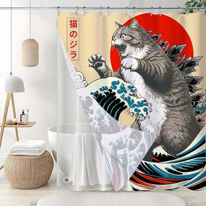 3 in 1 Funny Japanese Cat Shower Curtain with PEVA Liner Set, Vintage Cat Art Japan Anime Wave Fabric Shower Curtain with 12 Double Sided Stainless Steel Shower Curtain Hooks for Bathroom, 72 x 72