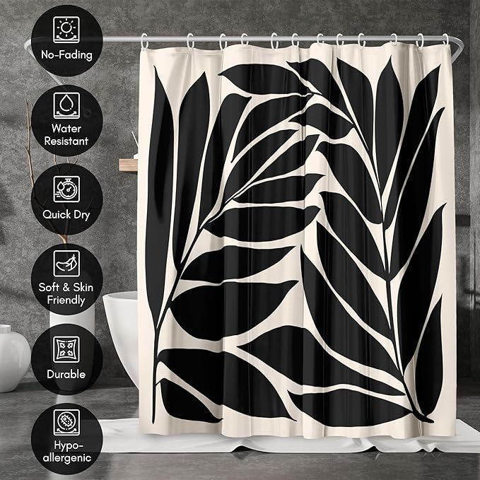 Americanflat 71x74 Botanical Shower Curtain - Water-Resistant Long Shower Curtain with Durable Metal Grommets and 12 Hooks - 100% Polyester - Black and Ivory