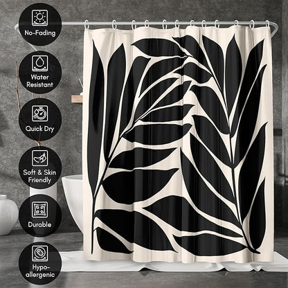 Americanflat 71x74 Botanical Shower Curtain - Water-Resistant Long Shower Curtain with Durable Metal Grommets and 12 Hooks - 100% Polyester - Black and Ivory