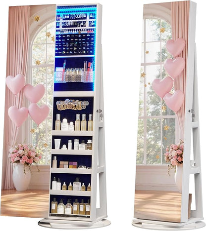 360° Swivel Jewelry Mirror Cabinet with Lights, Standing Jewelry Armoire Organizer, 63" Rotatable Full-Length Mirror with Jewelry Storage, Lockable with Back Storage Shelve, White | 360° Swivel Mirror with Storage, Lockable Jewelry Armoire Organizer wi...