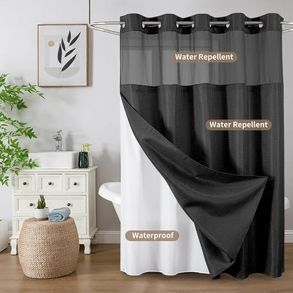 Colorful Star Black No Hook Waffle Shower Curtain with Liner, 72 x 81 Inch | Heavy Duty Thick Shower Curtain Sets with Snap in Fabric Liner and Mesh Top Window, Hotel Style Waterproof Bathroom Curtain