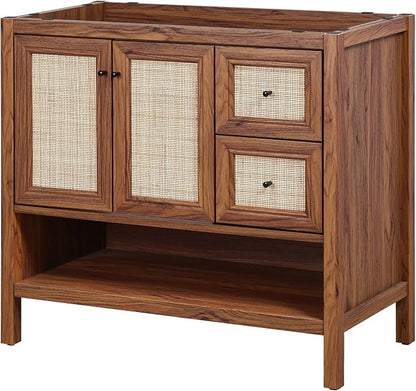JONATHAN Y Jasper 36" Rattan Freestanding Vanity Cabinet Only, Walnut | 18" Depth 33" Height, 2-Shelf Storage, Soft-Close Door, Matte Black Hardware, Modern Minimalist Bathroom, MDF Wood Grain