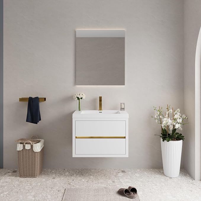 30" Floating Bathroom Vanity with Sink, Wall-Mounted Bathroom Storage Vanity Cabinet with Resin Top Basin and Soft Close Drawers, Fully Assembled, Glossy White