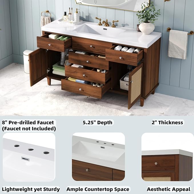60 Inch Brown Bathroom Vanity with Single Sink,Large Rattan Bathroom Vanity with Spacious Countertop & Deep SMC Sink,with 5 Drawers & 2 Soft Closing Doors,Silver Knobs,Woven Front,8 in Faucet Hole