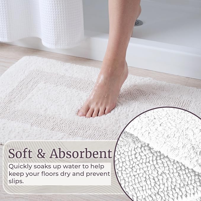 Bathroom Rugs - 2-Piece Cotton Bathroom Mat Set - Machine Washable Bath Mats for Restroom, Kitchen, or Laundry Room by Lavish Home (White)