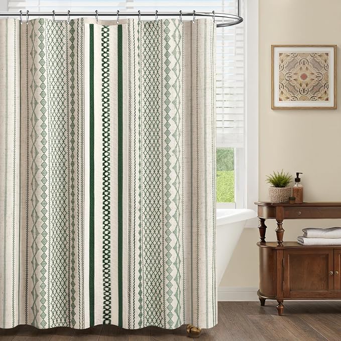 Dark Green Boho Shower Curtain for Bathroom, Linen Striped Print and Twine-Inspired Woven Center,72" W x 72" L
