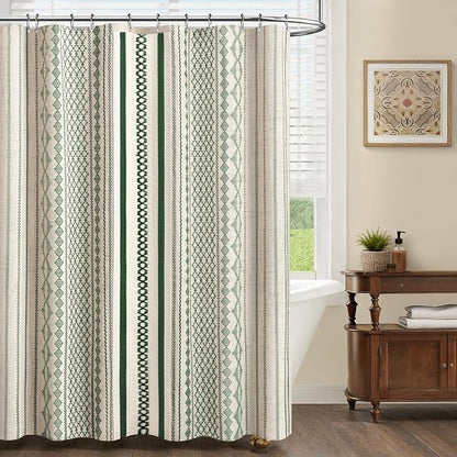 Dark Green Boho Shower Curtain for Bathroom, Linen Striped Print and Twine-Inspired Woven Center,72" W x 72" L