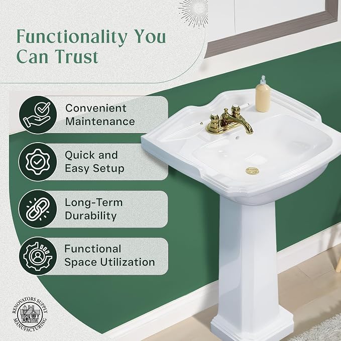 Renovators Supply Manufacturing Cloakroom Space Saving 19" W x 34" H x 15" Proj. Small Bathroom Pedestal Sink, Vitreous China, with Overflow, Compatible with 4 in. Centerset Faucets