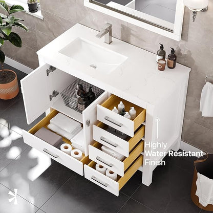 Eviva London 42 in. White Single Sink Bath Vanity with Carrara Quartz Top and Left Porcelain Sink