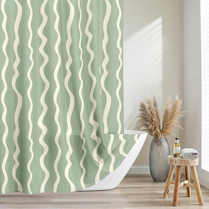 Tititex Cute Curvy Wavy Lines 140gsm Faux Linen Fabric Shower Curtain, Elegant Beige Sage Green Wave Striped Shower Curtain Sets Decoration 72x72 Inch with Hooks
