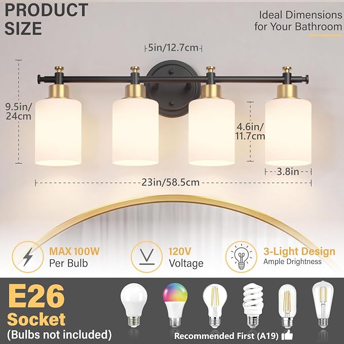 4 Light Bathroom Vanity Light Fixture Over Mirror, Black and Gold, 23'' | Vanity Lights for Bathroom, Bedroom, Living Room, White Frosted Glass Shades, Modern, E26(Bulbs Not Included)
