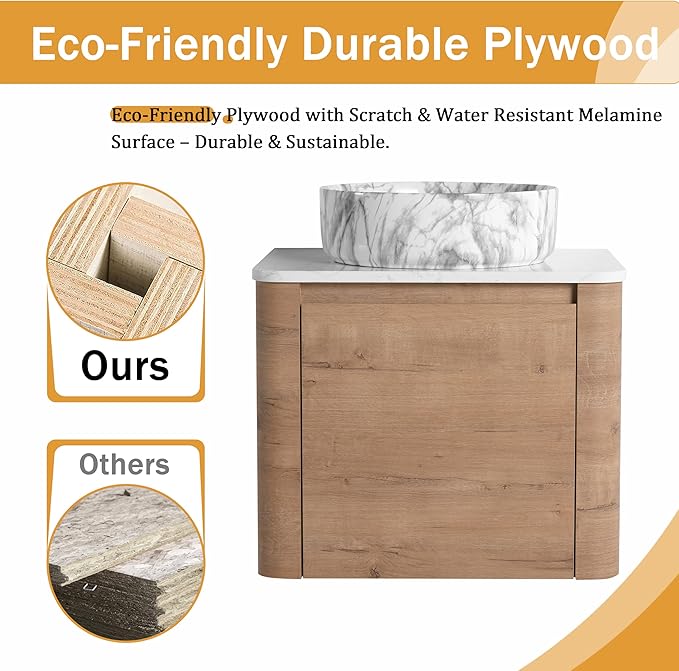 Malwee 24" Floating Bathroom Vanity with Sink, 24 Inch Wall Mounted Bathroom Cabinet Combo, Modern Single Sink Bath Storage Vanity Set, with 1 Soft Close Door and Ceramic Vessel Basin Top(24-QQ