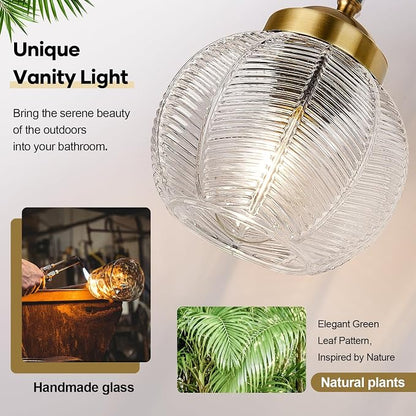 MOKATNG Bathroom Light Fixtures, 3-Light Clear Vanity Lights with Unique Leaf Texture Glass Shade, Modern Matte Black and Gold Bathroom Wall Lamp for Mirror Hallway Cabinet Living Room