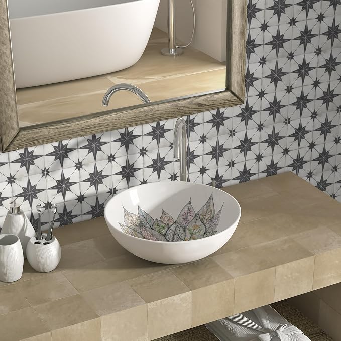 INNO STCIEKRS 16-Sheet Peel and Stick Floor and Wall Tile for Bathroom Kitchen, 9" x 9" Patterned Star SPC Self-Adhesive Vinyl Flooring Encaustic Groutable Backsplash Tile, Covers 9.12 Sq. Ft.