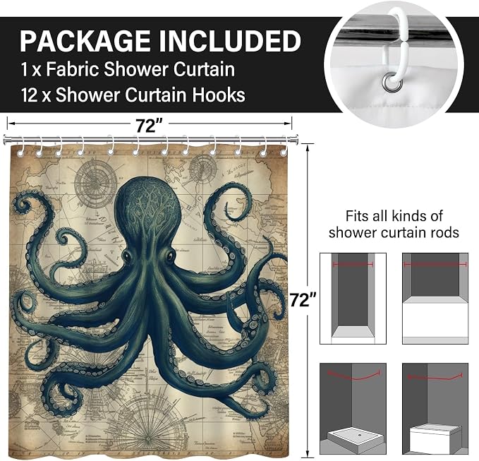 Vintage Nautical Octopus Steampunk Shower Curtain Set 72x72 Inches | Vintage Octopus World Map Steampunk Print, Coastal Retro Home Guest Housewarming Nautical Lover Bath Decor, With Fabric Hooks