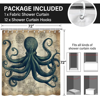 Vintage Nautical Octopus Steampunk Shower Curtain Set 72x72 Inches | Vintage Octopus World Map Steampunk Print, Coastal Retro Home Guest Housewarming Nautical Lover Bath Decor, With Fabric Hooks