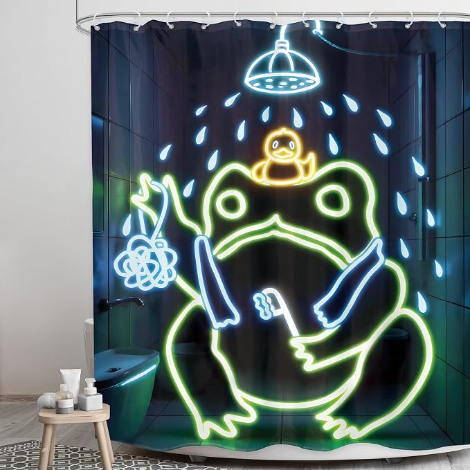 Funny Neon Frog Shower Curtain Bathroom Set 71Wx71H Inches Japanese Cool Asian Traditional Aesthetic Minimalist Animal Cute Lovely Bath Accessories Kids Boy Art Home Decor Fabric 12 Pack Hooks | 71Wx71H Aesthetic Minimalist waterproof HD print, quick-d...
