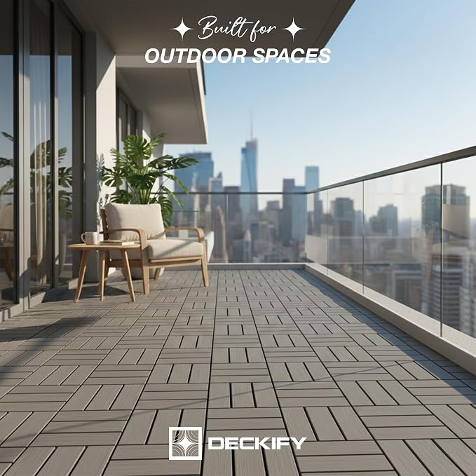 Acacia Interlocking Deck Tiles Outdoor Waterproof All Weather Grey Crossed | Raised Drainage Base, 12x12 In, Trimmable, Oil-Rubbed Finish, No Tools or Sealant Required, Weather-Resistant, Washable