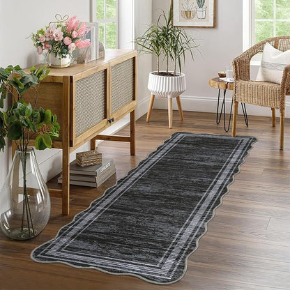 Garvee Washable Runner Rug 2x6 Modern Solid Scalloped Kitchen Runner Black | Modern Long Runner Rug for Entryway Bedroom, Non Slip Low Pile Solid Runner Rugs for Entryway, Nursery Rugs Runner