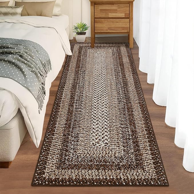 Printed Washable Rugs Runner 2x6 Rug for Living Room Bathroom Rugs Dark Brown Modern Imitation Braided Bedroom Rug Non Slip Geometric Kitchen Runner Stain Resistant Carpet 2'x6' Dark Brown