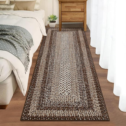 Printed Washable Rugs Runner 2x6 Rug for Living Room Bathroom Rugs Dark Brown Modern Imitation Braided Bedroom Rug Non Slip Geometric Kitchen Runner Stain Resistant Carpet 2'x6' Dark Brown