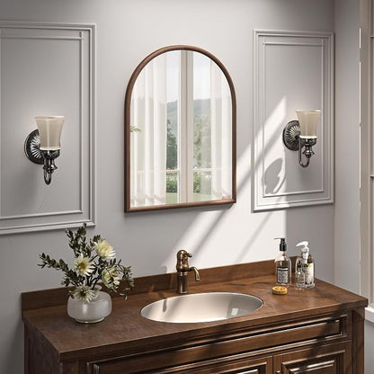 24"x32" Arch Wall Mirror for Wall, Wall Mounted Vanity Mirror for Bedroom, Wood Grain Finish Frame Mirror with Tempered Glass, Vintage Decorative for Bathroom, Entryway, Living Room, Walnut