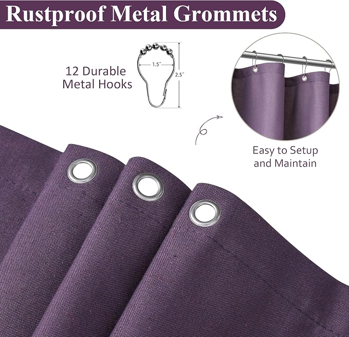Purple Linen Shower Curtain, Country Boho Farmhouse Bath Decor Shower Curtains Neutral Cloth Weighted Textured Fabric Bath Curtain Liner with Hooks, 72x78