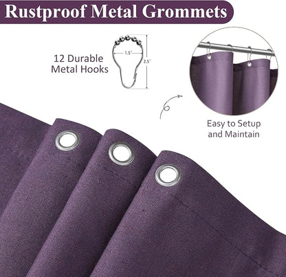 Purple Linen Shower Curtain, Country Boho Farmhouse Bath Decor Shower Curtains Neutral Cloth Weighted Textured Fabric Bath Curtain Liner with Hooks, 72x78