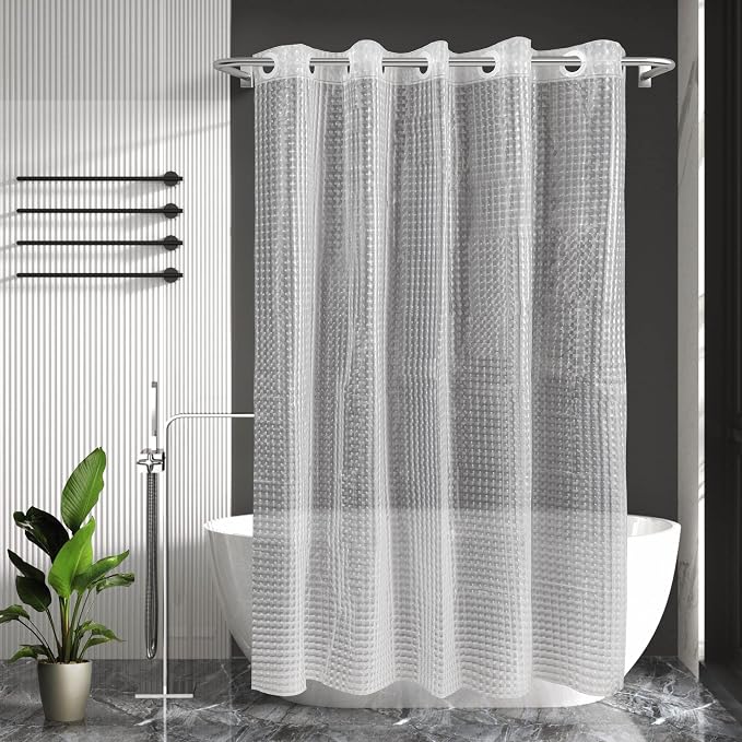 No Hook Shower Curtain or Liner, Standard Size 71 x 74, Square | 8G Heavy Duty, Grid Bathroom Shower Curtain, No Hooks Required, Waterproof Plastic & PVC Free