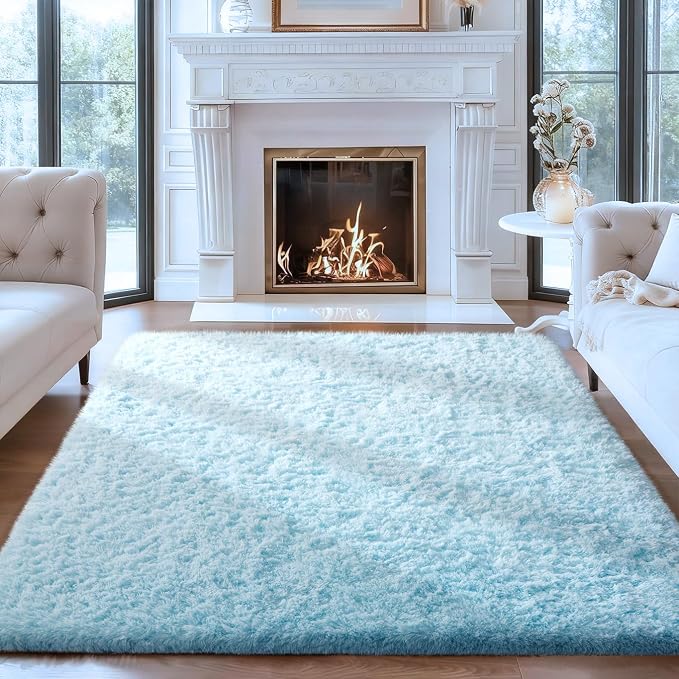 Ophanie Light Blue Rug,Boys 4x6 Rugs for Bedroom Carpet Nursery Aesthetic,Kids Playroom Area Rugs for Girls Teen Home Decor,Fluffy Shag Bedside Floor Living Room Carpets with Over 99 pcs Pile fibers