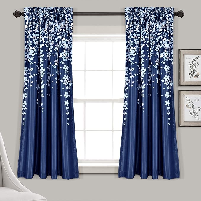 Lush Decor Weeping Flower Light Filtering Window Curtain Panels, Pair, 52"W x 63"L + 2" Header, Navy - Charming Modern Floral Curtains for Living Room, Dining Room, & Bedroom