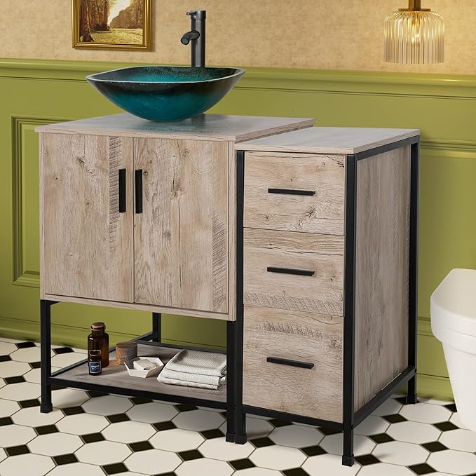 UEV 36" Bathroom Vanity, Oak Color Bathroom Vanity Set with Sink and 3 Drawers Side Cabinet Combo, with Adjustable Water Temperature Faucet (A10)