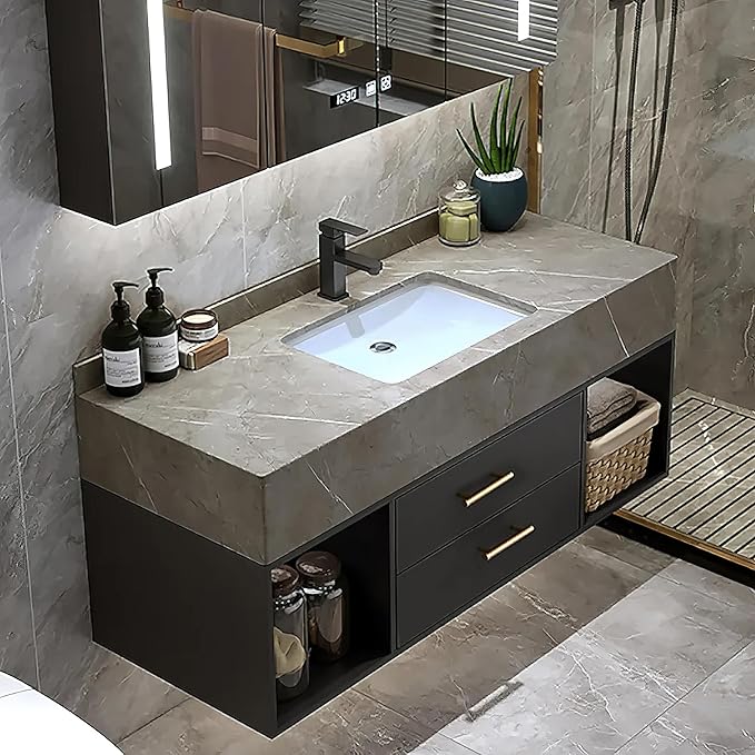 KunMai 35.4" Black Floating Bathroom Vanity with Sink – Modern Wall Mounted Bathroom Cabinet with Sintered Stone Countertop, Soft-Close Drawers, Space-Saving Vanity for Small Bathrooms
