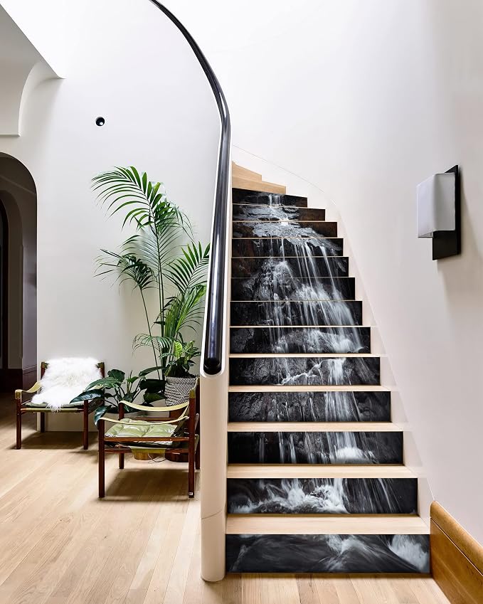 FLFK Stair Riser Decals,Rock Waterfall Vinyl Sticker for Stairs Decoration,14Pcs 39.3"X7.08"