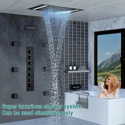 HOMEDEC LED Multi Functions Full Body Shower System with 6pcs Body Jets Spray with（Up/Down ）Shower Spout, Large 3 In 1 Functions 14x20inch Showerhead, Rainfall Mist Shower Faucet Set Complete, Black