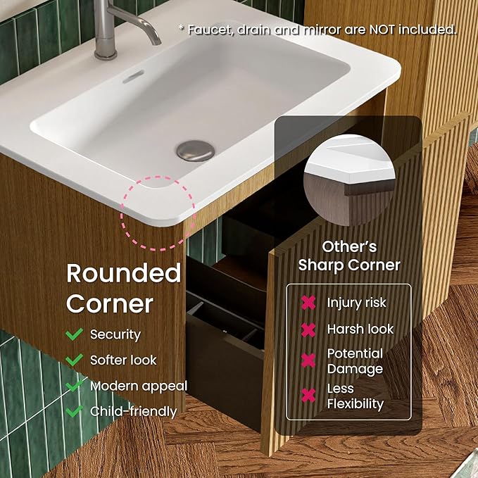 24" Bathroom Vanity with Sink, Modern Floating Vanity with Push Open Soft Close Drawer, Large Storage for Small Space, Hotel, Natural Oak, Fully Assembled - Camellia Collection
