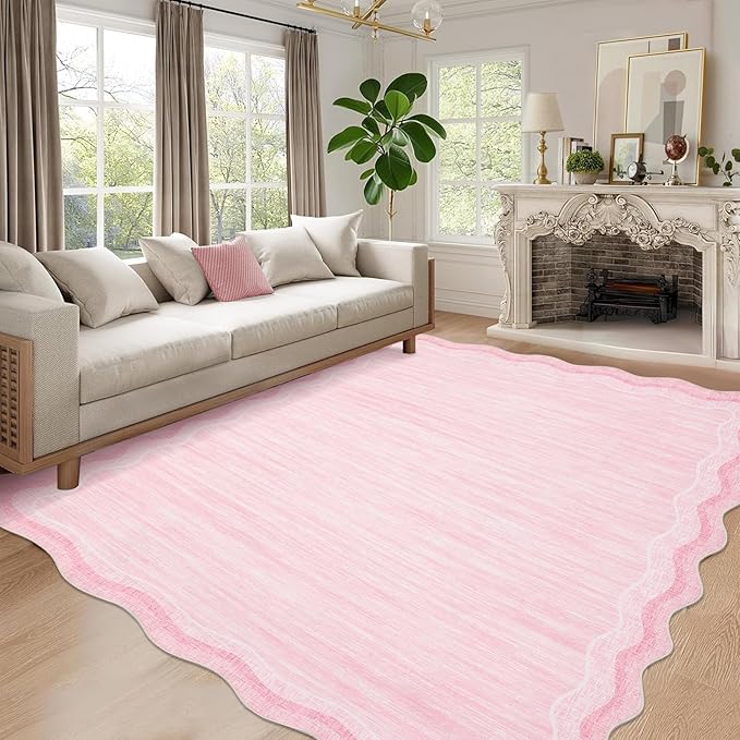 Garvee Scallop Area Rug 5x7 Washable Rugs for Bedroom Neutral Rug Pink | Rugs for Living Room, Non-Slip Soft Carpet for Bedroom, Scalloped Low-Pile Solid Rug Accent Rug for Dining Room Home Office