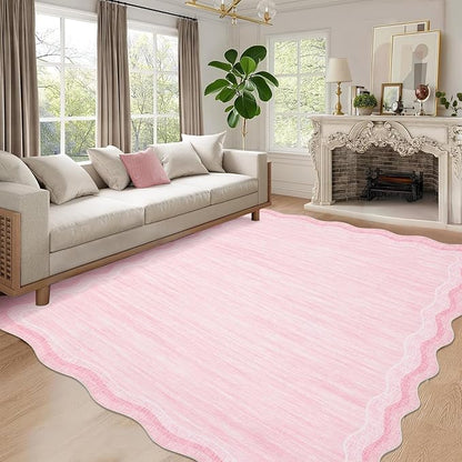 Garvee Pink Scalloped 8x10 Rugs Washable Area Rugs for Living Room | Rugs for Living Room, Non-Slip Soft Carpet for Bedroom, Scalloped Low-Pile Solid Rug Accent Rug for Dining Room Home Office