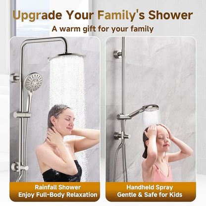 BRIGHT SHOWERS Rain Shower Heads System Including Rainfall Shower Head and Handheld Shower Head with Height Adjustable Holder, Solid Brass Rail, 60 Inch Long Stainless Steel Hose, Brushed Nickel
