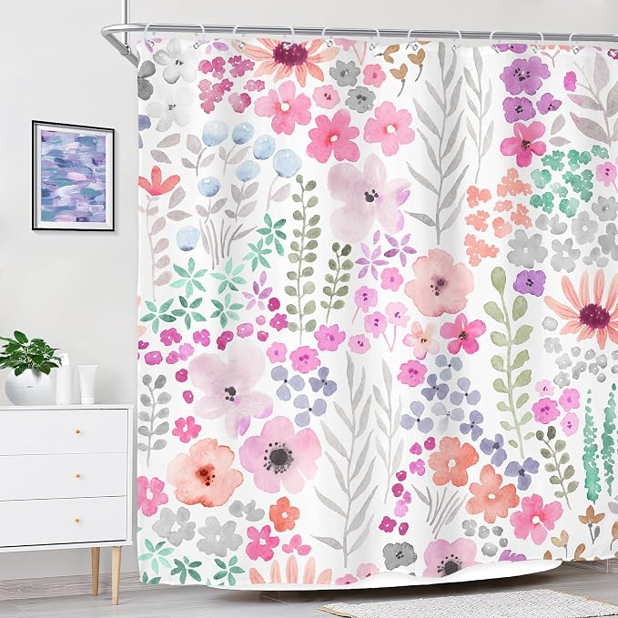 Hot Pink Floral Purple Colorful Cute Funny Art Bathroom Shower Curtain Set | 72"W x 72"H Botanical Leaves; waterproof HD print, quick-dry fabric with 12 hooks for easy hanging.