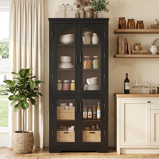 Garvee 70" Tall Kitchen Pantry Cabinet - Modern Display Cabinet with 4 Arched Glass Doors and Adjustable Shelves, Versatile Cupboard Organizers for Kitchen, Dining Room, Living Room, Bathroom, Black