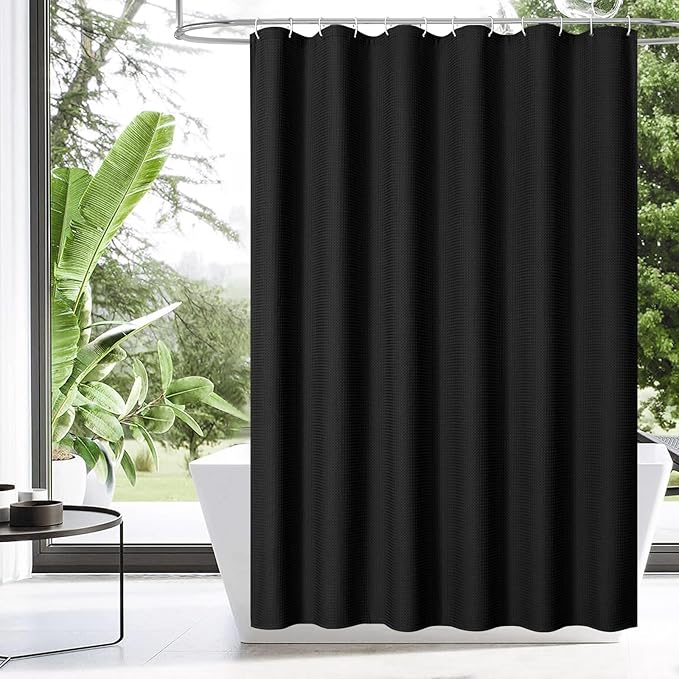 MitoVilla Extra Long Shower Curtain 72 x 84, Black Waffle Fabric 84 inch Shower Curtain, Farmhouse XL Shower Curtains for Bathroom Decor, Luxury Weighted Shower Curtain 84 inch