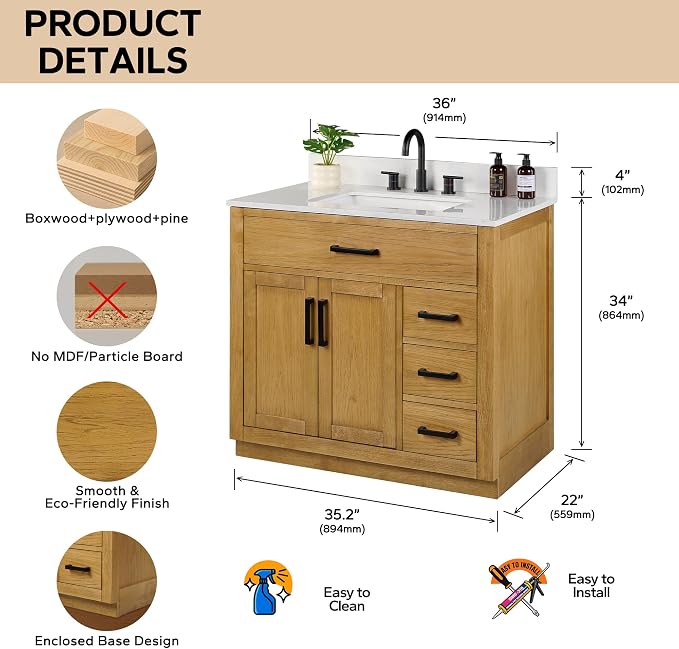 36-inch Natural Oak Bathroom Vanity with Sink, Solid Wood, 0.79-inch Stone Countertop and Backsplash, 4 Drawers, 2 Soft Closing Doors
